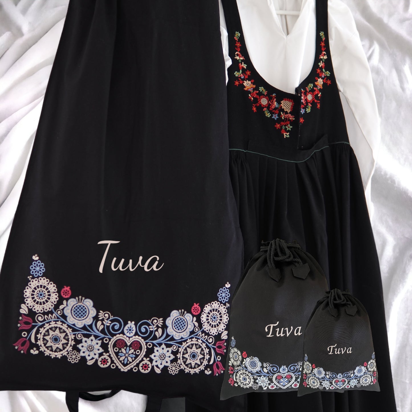 Bunadssett 2 poser i svart- sand/ pastell